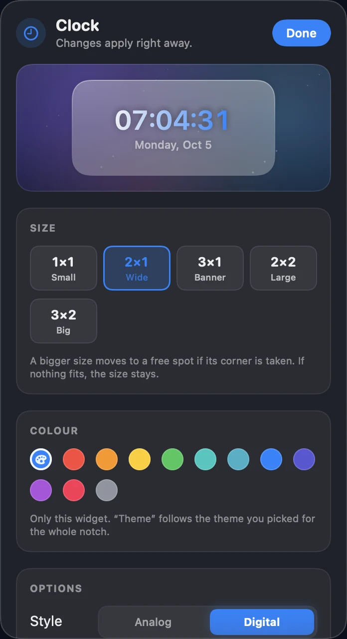 The options panel of the clock widget